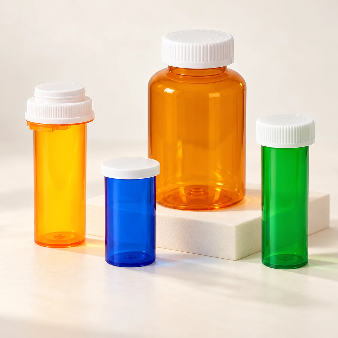 Assortment of pharmacy vial types, sizes and colors